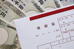 Japanese marriage registration blank document on table photo