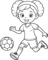 Colouring Page - African American Girl Playing Soccer - Black and White Line Art vector