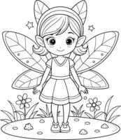 Colouring Page for Kids - Fairy at a Fairy Ring - Black and White Line Art vector