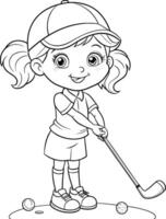 Coloring Page for Kids - Girl Playing Golf - Black and White Line Art vector