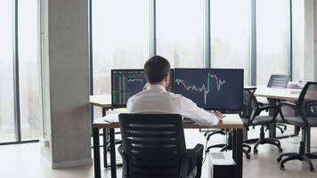 Back view of trader is working with multiple computer screens full of charts and data analysis and stock broker trading online. Concept of bitcoin and stock market trading video