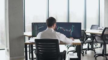 Back view of trader is working with multiple computer screens full of charts and data analysis and stock broker trading online. Concept of bitcoin and stock market trading video