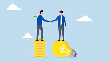 Idea pitching, businessman standing with light bulb idea, 4k animation of shaking hands with VC on stack of coins. video