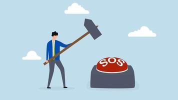 SOS call for business help, 4k animation of busy businessman hits SOS button with big hammer. video