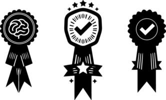 Three black icons of an award ribbon with a check mark on a white background vector