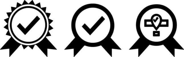 Three black icons of an award ribbon with a check mark on a white background vector