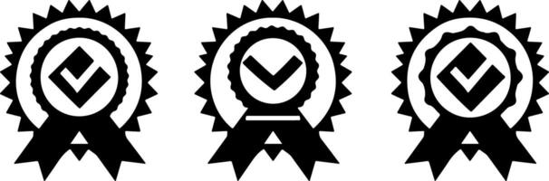 Three black icons of an award ribbon with a check mark on a white background vector