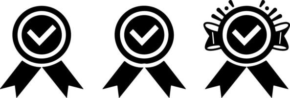 Three black icons of an award ribbon with a check mark on a white background vector