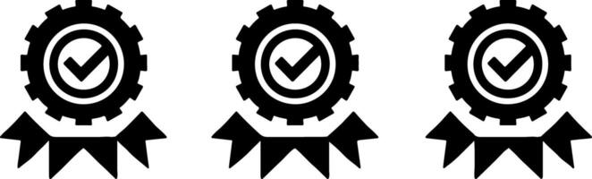 Three black icons of an award ribbon with a check mark on a white background vector