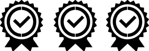 Three black icons of an award ribbon with a check mark on a white background vector