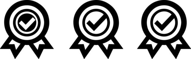 Three black icons of an award ribbon with a check mark on a white background vector