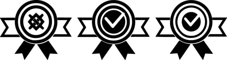 Three black icons of an award ribbon with a check mark on a white background vector