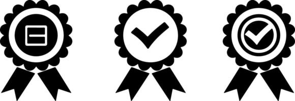 Three black icons of an award ribbon with a check mark on a white background vector