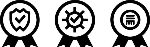 Three black icons of an award ribbon with a check mark on a white background vector