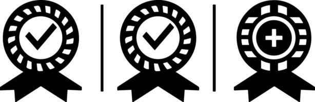 Three black icons of an award ribbon with a check mark on a white background vector
