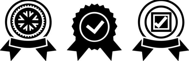 Three black icons of an award ribbon with a check mark on a white background vector