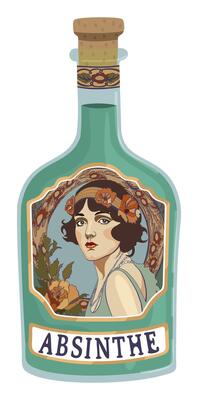 Bottle of absinthe with elegant label in art deco style. isolated illustration