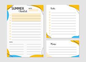 Summer checklist, note and memo template in sunny colors. Set of paper sheets. Illustration for agenda, planners, checklists, notebooks and other stationery. Layout A5 vector