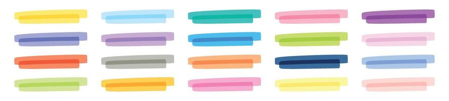 Colorful marker highlights and pen underlines with brush strokes. Text lines and doodle marks. Hand drawn highlight elements. Flat illustration isolated on white background. vector