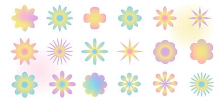 Set of gradient colorful flower shapes with blend aura. Geometric plant with radial gradient. vector