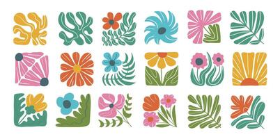 Set of abstract groovy floral botanical square shape. Poster with wavy minimal flower plant in trendy naive retro hippie 60s 70s style. vector
