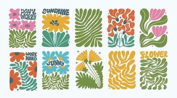 Set of groovy abstract floral botanical background. Posters with flowers plant with motivational phrase in trendy naive retro hippie 60s 70s style. vector