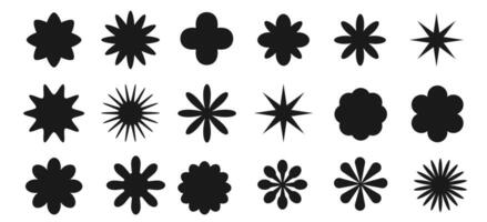 Set of exploding star and flowers shape. Starburst sale stickers. Round shaped sunburst labels and badges. vector