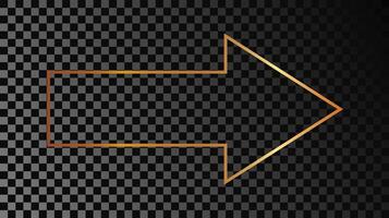Gold glowing arrow shape frame isolated on dark background. Shiny frame with glowing effects. illustration. vector