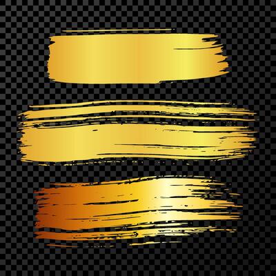 Set of three gold brush strokes. Hand drawn ink spots isolated on dark background. illustration