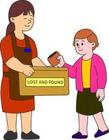 a woman handing a box to a girl with a lost and found sign vector