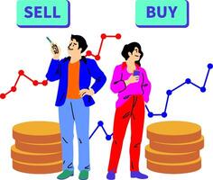 two people standing next to stacks of coins and a sign that says sell buy vector