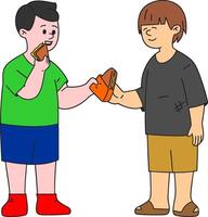 two boys are holding a sandwich and one is giving it to the other vector