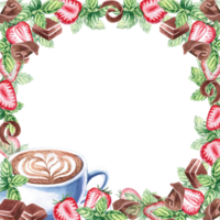 A cup of cappuccino on a plate, chocolate, mint are decorated in a square frame in a watercolor illustration. Hand drawn frame for menu, sign for cafe, restaurant, menu, goth cards, invitations png
