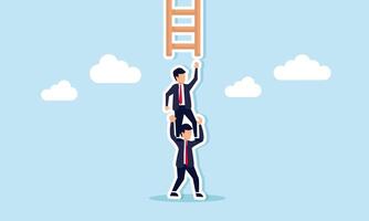 Support and mentorship foster business success, teamwork, and collaboration achieve targets, concept of Businessman supports colleague climbing ladder to success vector