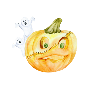 Lycklig halloween sammansättning med orange pumpa med ärr och vit skrämmande spöken vattenfärg illustration. hand dragen höst festival mall, för kort, inbjudan, godis förpackning design png