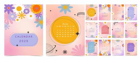 2025 table monthly calendar week start on Sunday with flower that use for vertical digital and printable A4 A5 size vector