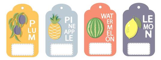 Set of labels, price tags of fruit posters in a bright minimalistic style. vector