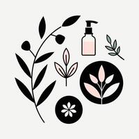 Set of design templates and graphic elements, organic cosmetic, floral black illustration in simple linear hand drawn style, plants and flowers vector
