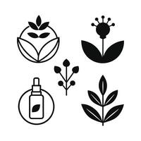 Set of design templates and graphic elements, organic cosmetic, floral black illustration in simple linear hand drawn style, plants and flowers vector