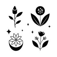 Set of design templates and graphic elements, organic cosmetic, floral black illustration in simple linear hand drawn style, plants and flowers vector