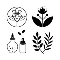 Set of design templates and graphic elements, organic cosmetic, floral black illustration in simple linear hand drawn style, plants and flowers vector