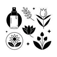 Set of design templates and graphic elements, organic cosmetic, floral black illustration in simple linear hand drawn style, plants and flowers vector