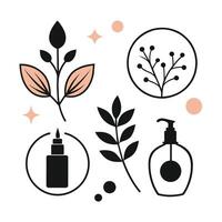 Set of design templates and graphic elements, organic cosmetic, floral black illustration in simple linear hand drawn style, plants and flowers vector