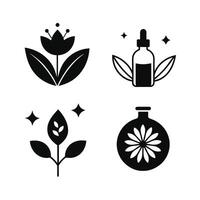 Set of design templates and graphic elements, organic cosmetic, floral black illustration in simple linear hand drawn style, plants and flowers vector