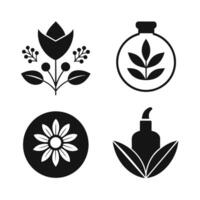 Set of design templates and graphic elements, organic cosmetic, floral black illustration in simple linear hand drawn style, plants and flowers vector
