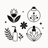 Set of design templates and graphic elements, organic cosmetic, floral black illustration in simple linear hand drawn style, plants and flowers vector