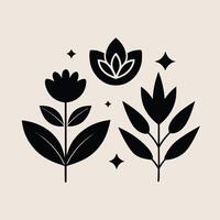 Set of design templates and graphic elements, organic cosmetic, floral black illustration in simple linear hand drawn style, plants and flowers vector