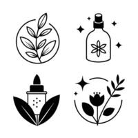 Set of design templates and graphic elements, organic cosmetic, floral black illustration in simple linear hand drawn style, plants and flowers vector