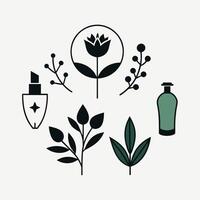 Set of design templates and graphic elements, organic cosmetic, floral black illustration in simple linear hand drawn style, plants and flowers vector