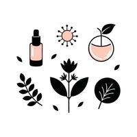 Set of design templates and graphic elements, organic cosmetic, floral black illustration in simple linear hand drawn style, plants and flowers vector